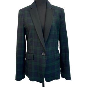 Anne Klein navy blue green tartan plaid check blazer Sz 8